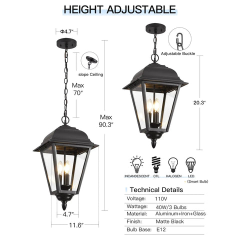 Large Outdoor Pendant Light With Two Lights, 13 Inch Tall Modern Black Exterior Hanging Fixture With Clear Glass, Weatherproof IP65 Rated, Anti Rust Outdoor Ceiling Mount Chandelier For Porch Farmhouse Entryway, technical details displayed.