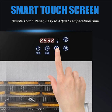 Smart touch screen controls of Straight Up Reliable Commercial Food Dehydrator With 12 Slick Trays for easy temperature adjustments.
