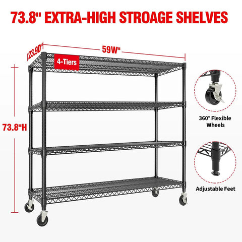 Extra Large Built Tough Four Tier Carbon Steel Wire Shelving Unit With Roller Glide Wheels, 73.8 inches high, in black.