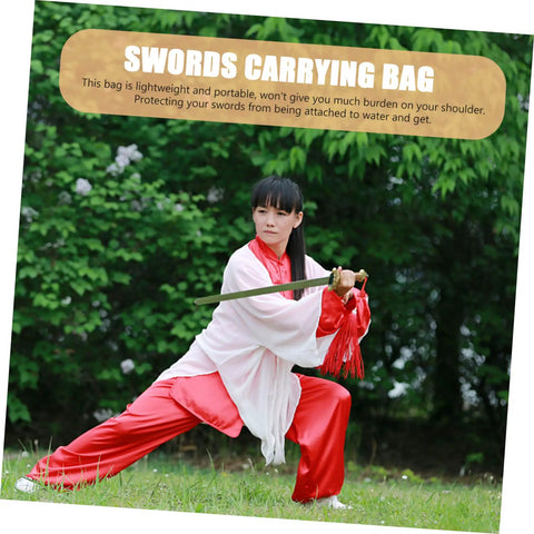 Person practicing with sword, promoting use of Protective Black Cotton Cloth Japanese Carrying Bag For Safe Transport And Display.