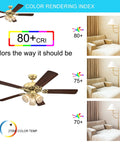52 Inch Vintage Indoor Ceiling Fan With Dimmable LED Light And Clear Ribbed Glass, Polished Brass Finish, CRI demonstration