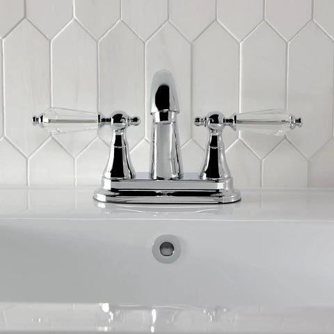 4 Inch Centerset Bathroom Faucet In Polished Chrome With Drip Free Ceramic Cartridge Crystal Lever Handle 1.2 GPM At 60 PSI Brass Construction Modern Classic Look For Your Bath, mounted on white sink.