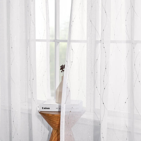 Oeko-Tex Certified Sheer Foil Print Curtains 2 Panels With Grommet Top Light Filtering Drapes for Living Room and Bedroom White and Silver 52W x 63L