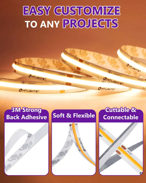 COB LED Strip Light 16.4 ft Warm White 2700K High Density 24V Tape Light With 2560 LEDs close-up with adhesive and flexible features.