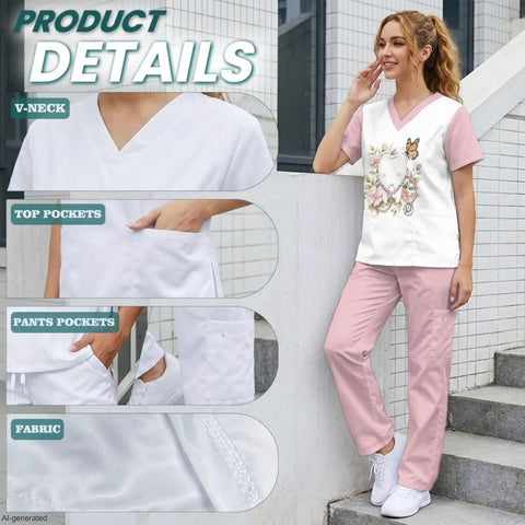 Woman modeling Teeth Print Stethoscope Scrubs Set for Women in Pink, 3-Piece Medical Uniform with fabric details and pockets shown