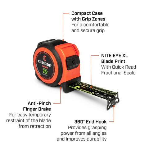 ControlTouch Nite Eye Tape Measure With Anti Pinch Lock, 360 Degree End Hook And 11 Foot Standout with highlighted features