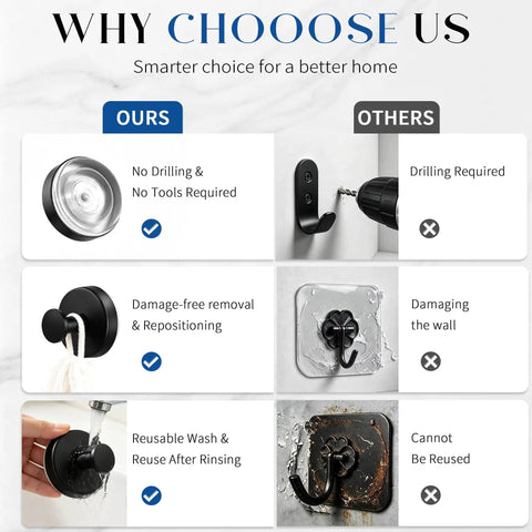 Comparison chart highlighting advantages of Total Game Changer For Your Washroom Matte Black 6 Pack Suction Hooks.
