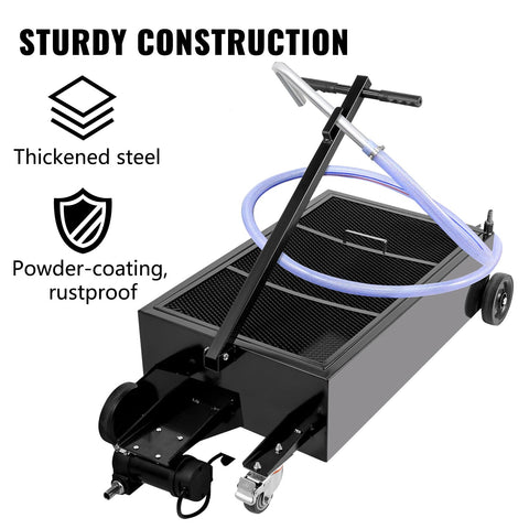 Low Profile 25 Gallon Oil Drain Pan With 110V High Flow Electric Pump featuring thickened steel, powder-coated, rustproof design.