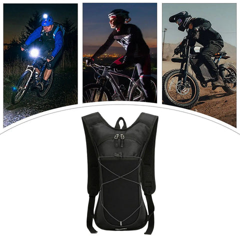 Hydration Backpack for Hiking and Trail Adventures Lightweight Water Pack, reflective and nylon material, shown in biking scenarios