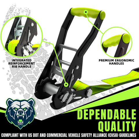 Close-up of Killer Heavy Duty Ratchet Straps With J Hooks Two Inch By Fifteen Foot Ten Thousand Pound Breaking Strength showcasing ergonomic handles.