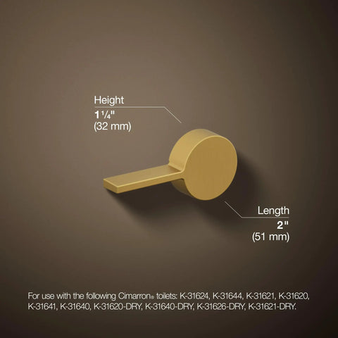 Cimarron Left-Hand Trip Lever For Comfort Height Toilets, Vibrant Brushed Moderne Brass Finish, with dimensions labeled in image.