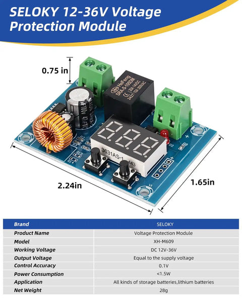 12V To 36V DC Voltage Protection Module Pack Of 2 with digital display and connectors, sized 2.24 x 1.65 x 0.75 inches
