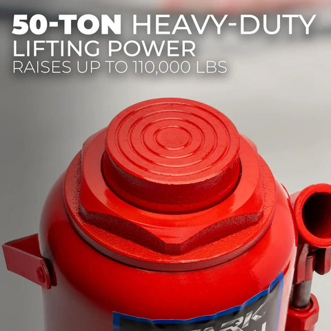 Top view of Built Tough 50 Ton Hydraulic Bottle Jack With 100000 Lb Capacity showcasing sturdy red design and lifting capacity.