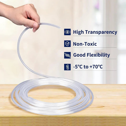 Person holding Three Sixteenth Inch Aquarium Airline Tubing Flexible Durable Six Point Five Feet Long For Fish Tanks Gardens Ponds And Terrariums Clear Plastic Air Hose For Aeration And DIY Ready Plug And Play next to features list.
