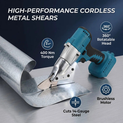 Aolidsive Cordless Metal Shear Delivering 400Nm Torque For Bl1830 Battery cutting 14-gauge steel with 360-degree head rotation.