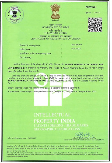 Certificate of Registration for Improved Taper Turning Attachment With Revolving Live Center For Lathe Machine Metric 2MT