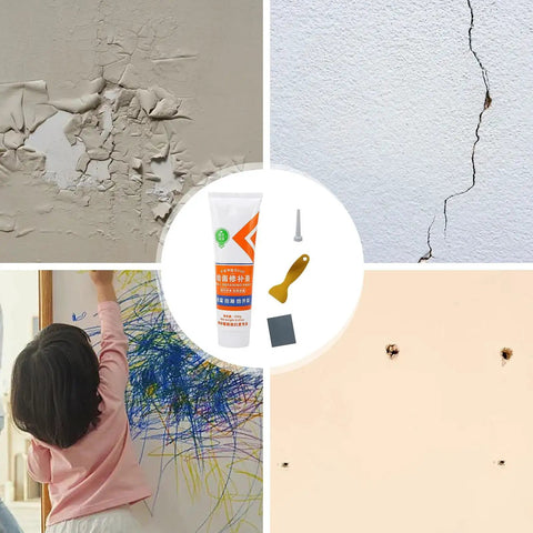 Wall Repair Paste Quick Drying Crack Fix Kit Drywall Filler for patching holes, dents, and cracks with scraper visible.