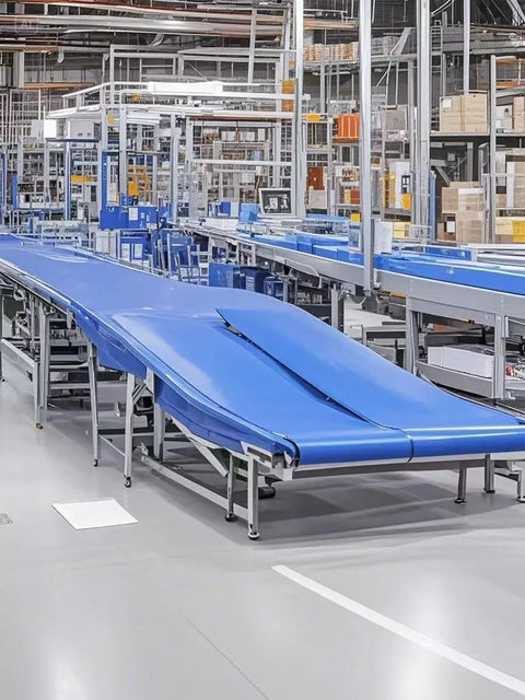 Built Like A Tank Blue PVC Conveyor Belt For Warehouse And Manufacturing Lines Featuring Abrasion Oil Heat Resistant Reinforced Polyester Core in use.