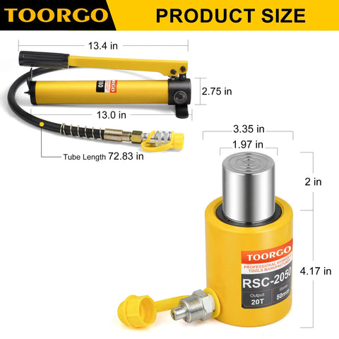 Built Like A Tank 20 Ton Hydraulic Ram Jack With Two Inch Stroke And Fast Self Retract Compact Alloy Steel Porta Power Tool Crews Swear Over For Frame Pulling And Garage Jobs Yellow Finish product size showing dimensions of jack and hose.