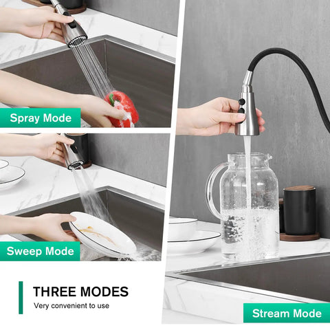 Brushed Nickel Kitchen Faucet With Pull Down Sprayer, Small High Arc, demonstrating 3 function nozzle: spray, sweep, stream modes.