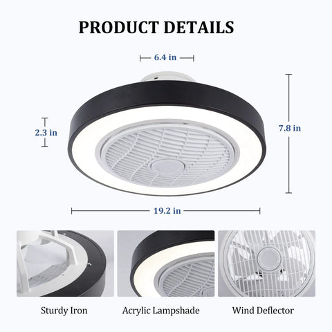 20 Inch Black Ceiling Fan With Light, Low Profile Flush Mount, Remote Control, 3-Color Dimmable Light, 3-Speed Wind