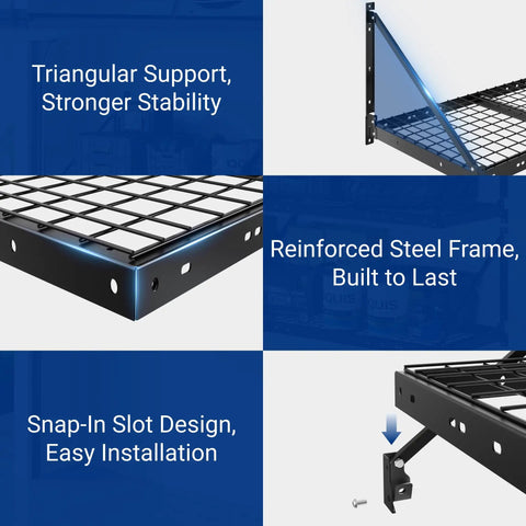 2x4 Ft Wall Mount Garage Storage Shelves 2 Pack Black Heavy Duty Steel Rack 330 Lb Per Shelf 660 Lb Total Load Triangular Brace Design For Stable Wall Organization Of Bins Tools Gear, triangular support detail