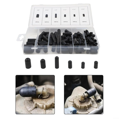 Bulk 100 Pack Rubber Vacuum Cap Kit For Cars shown with caps sealing hose ends to stop leaks in carburetor lines and manifolds.