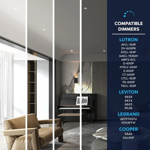 Image showing compatible dimmers for Straight Up Tough 4 Inch LED Recessed Downlights with integrated J box in modern interior.