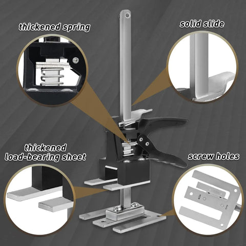 Labor Saving Arm Jack Lifting Helper Tool with spring, slide, load-bearing sheet, and screw holes details for DIY projects.