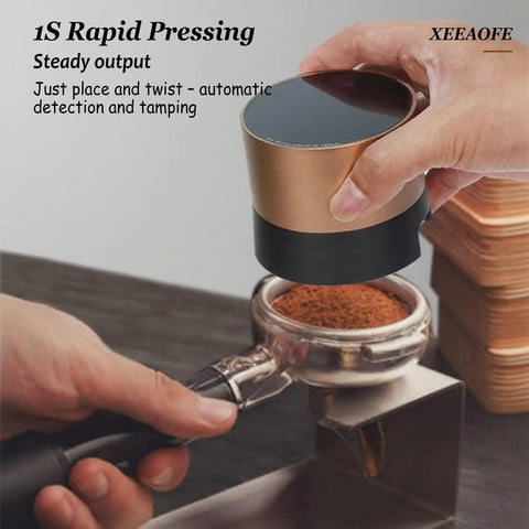 Precision 58mm Espresso Tamper And Leveler Stainless Steel Barista Tool With Adjustable Twist Dial Compact Tamping Handle For Home Coffee Gear being used to tamp coffee grounds.