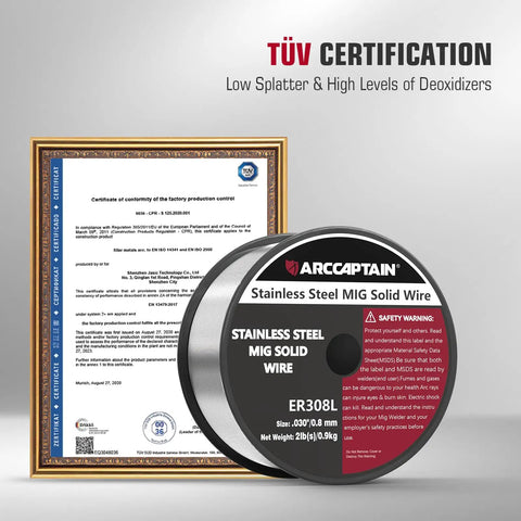 Pro Grade 0.030 Inch ER308L Stainless MIG Wire 2 Pound Spool With Low Splatter and TUV certification in frame