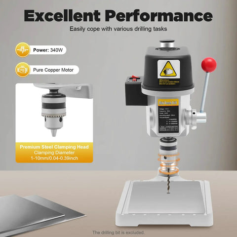 Heavy Duty Mini Bench Drill Press 340W with premium steel clamping head and precise depth control for woodworking.