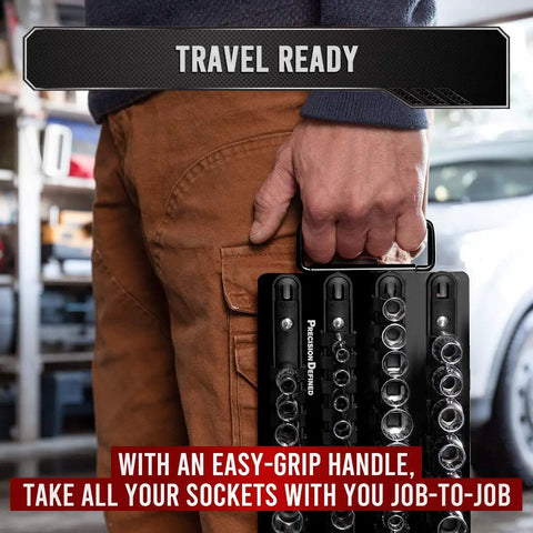 Person holding a black Portable Socket Organizer Tray Holds Up To Eighty Sockets Including Clips, ideal for road mechanics and DIYers.