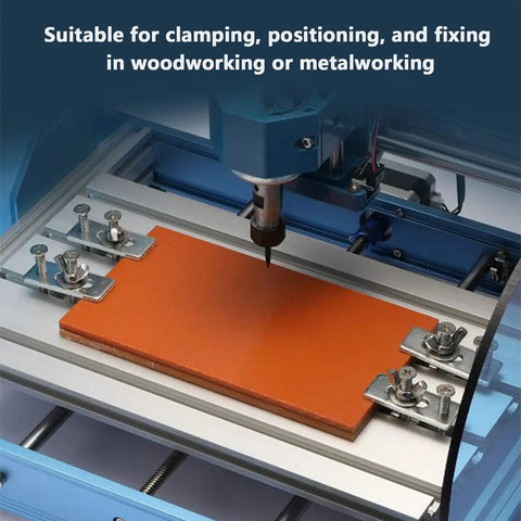 Heavy Duty T Slot Hold Down Clamp Made From Sturdy Zinc Aluminum Alloy For 3018 CNC Router securely clamping orange stock.