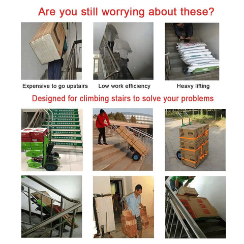 Heavy Duty Powered Hand Truck Stair Climber With Electric Motor And Folding Design For Labor Saving Moves, showing various stair climbing scenarios.