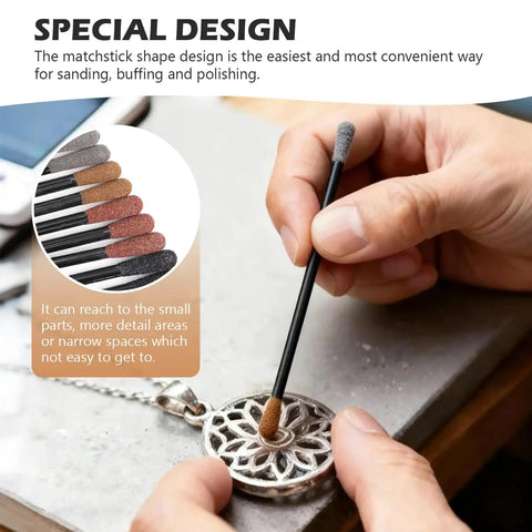 Hand using Matchstick Style Sanding Stick for fine detailing on jewelry piece, showcasing narrow space precision for woodwork and art.