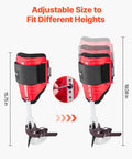 Height Adjustable Tree Climbing Spikes Set With Straps And Protectors, illustration of adjustable height range, red and black design