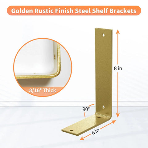 Badass Gold L Shelf Brackets, Hella Sturdy Heavy Duty Wall Mount Brackets For DIY Open Shelving, 8x6x1.5 inch steel design.