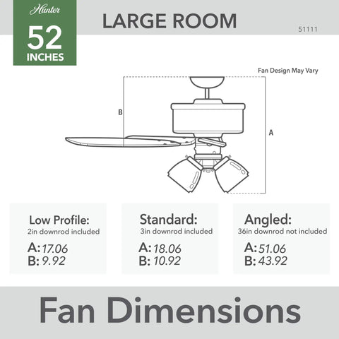 Diagram showing dimensions of 52 Inch Indoor Ceiling Fan With LED Lights And Pull Chain For Bedroom Or Living Room, Brushed Nickel Finish