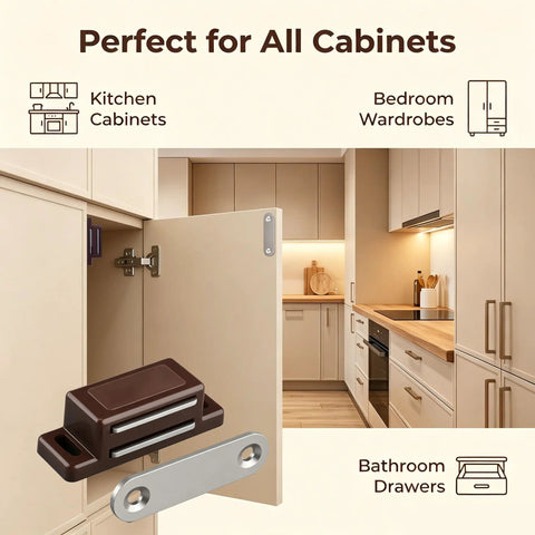 Heavy Duty 12 Pack Brown Cabinet Magnetic Latch Door Catch For Cupboards Drawers Shutters Keeps Doors Dead Set Shut With Zero Hassle Mount And Slick Closing Action in kitchen and bathroom settings.