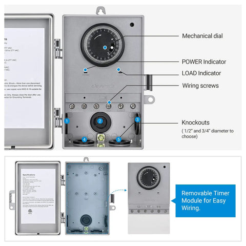 Interior of Beefy Outdoor Mechanical Pool Pump Timer Box 40A 120 to 277 VAC 24 Hour Programmable On Off Switch showing components