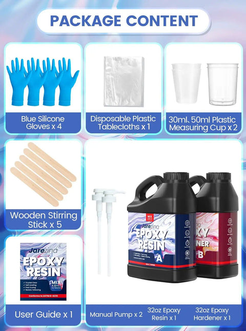Package content of Crystal Clear Epoxy Resin Kit 64 Ounce For Art Casting And DIY Jewelry Wood Molds Self Leveling 1 To 1 Mix No Bubble Not Yellowing UV Resistant Ultra Easy Pour, including gloves, tablecloth, measuring cups, stirring sticks, manual, and pump.