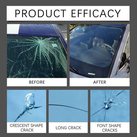 Before and after using DIY Windshield Repair Kit With Glass Repair Fluid for Chips and Small Cracks Quick Fix on car windshield.
