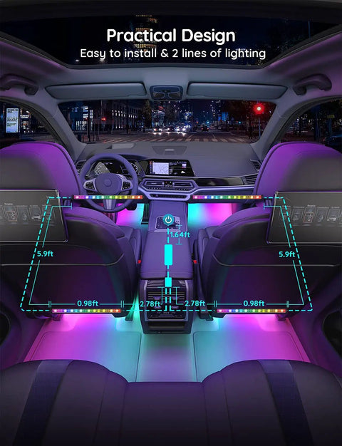 Car LED Strip Lights RGBIC interior lighting with app control and music sync, two-line design in vehicle dashboard and seats.