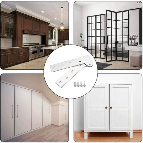 Top Shelf Stainless Steel Hidden Offset Knife Hinges With A Slick 360 Degree Pivot Design For No Hassle Cabinet And Cupboard Door Upgrades In Polished Silver, displayed with cabinets and screws.