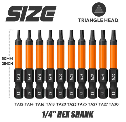 10 Piece Magnetic Triangle Screwdriver Bits Set with 2 Inch Long S2 Steel Triangle Heads, 1/4 Inch Hex Shank, TA12-TA30