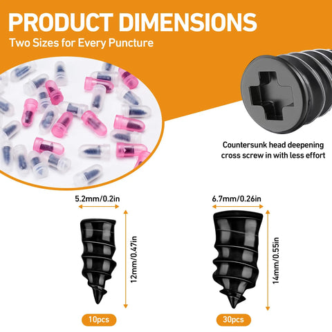 Total Game Changer for Emergency Flat Repairs Featuring 40 Piece Tire Plug Kit and Three Tubes of Thick Black Tire Sealant to Caulk Screw Holes and Nail Punctures in Tubeless Treads Super Fast with various plug sizes and types.
