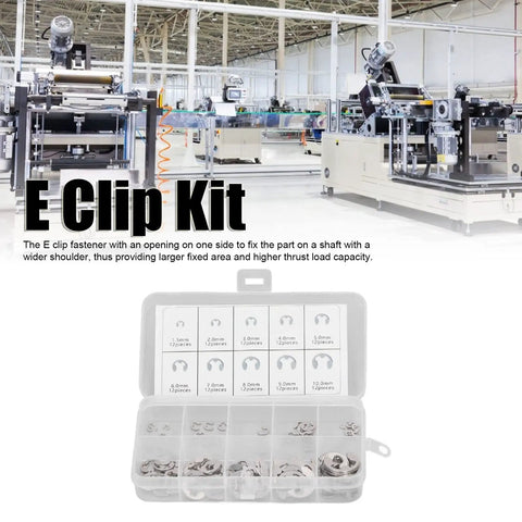 Heavy Duty Stainless Steel E Clamp Set 120 Piece Assortment Kit for secure bearing fastening displayed in open storage box.