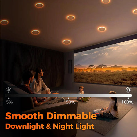 Family enjoying ambiance with 48 Pack 6 Inch Led Recessed Lights With Night Light, smooth dimmable in cozy living room.