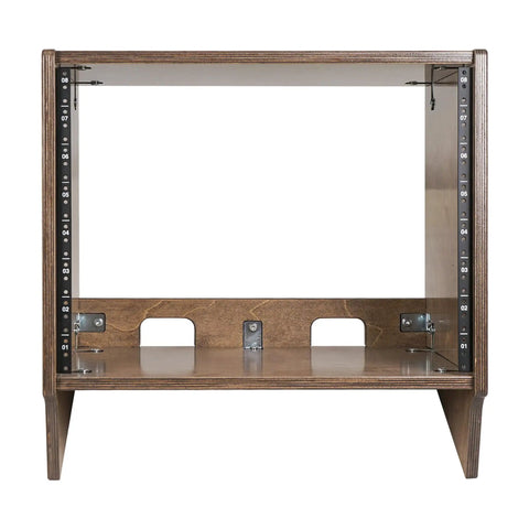 Rock Solid 8U Angled Desktop Studio Rack Hella Durable Baltic Birch Build With Slick Weathered Brown Finish, open front view.